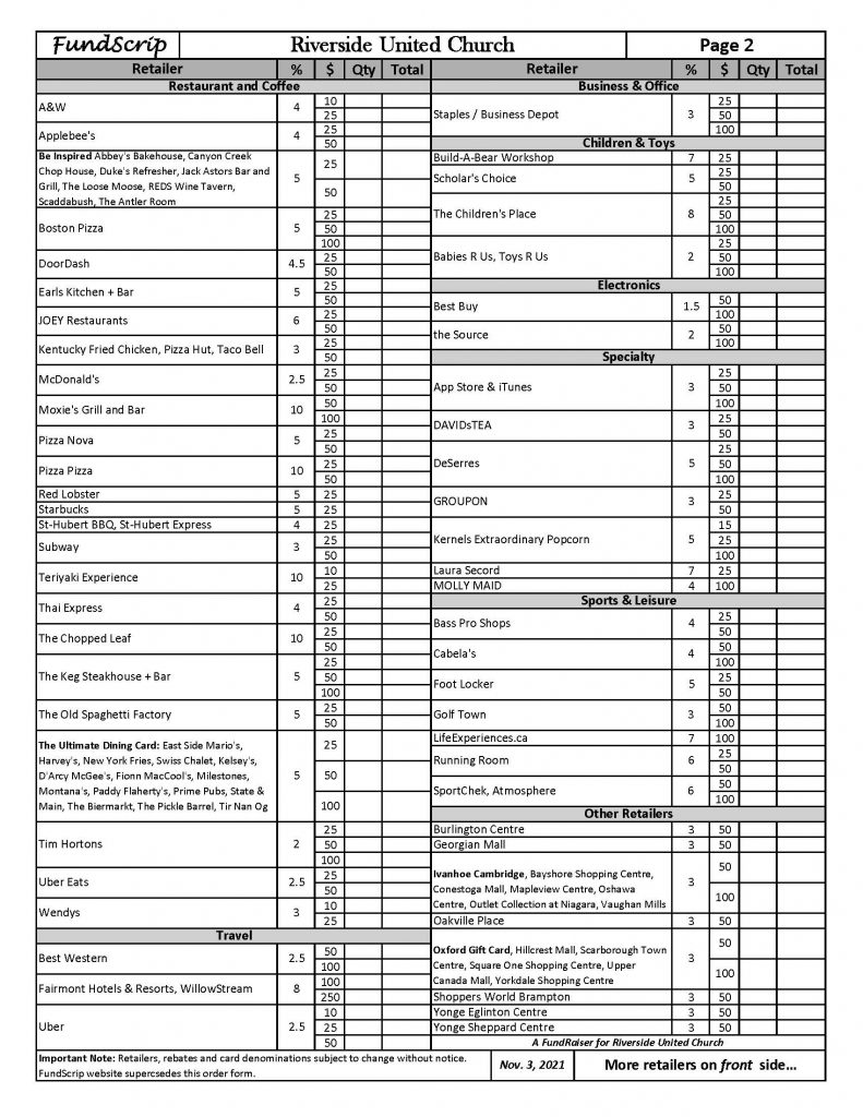 FUNDSCRIP CARDS – Riverside United Church