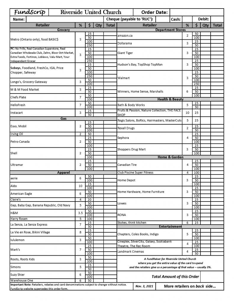 FUNDSCRIP CARDS – Riverside United Church